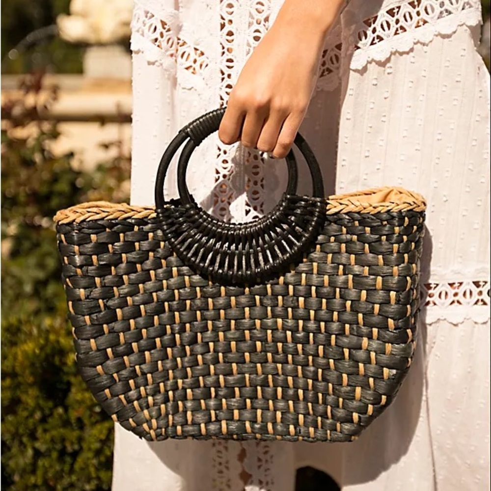 Free People Black and Natural Woven Straw Tote with Round Handles - Picture 2 of 14